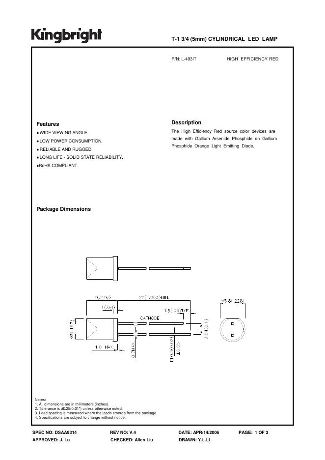 KINGBRIGHT-L-493IT HIGH EFFICIENCY RED T-1 3/4(5mm)CYLINDRICAL <em>LED</em> LAMP 说明书 海报