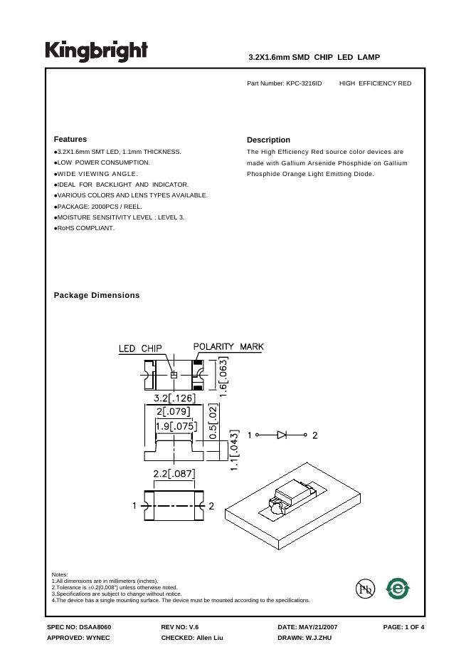 KINGBRIGHT-KPC-3216ID HIGH EFFICIENCY RED3.2X1.6mm SMD CHIP <em>LED</em> LAMP 说明书 海报