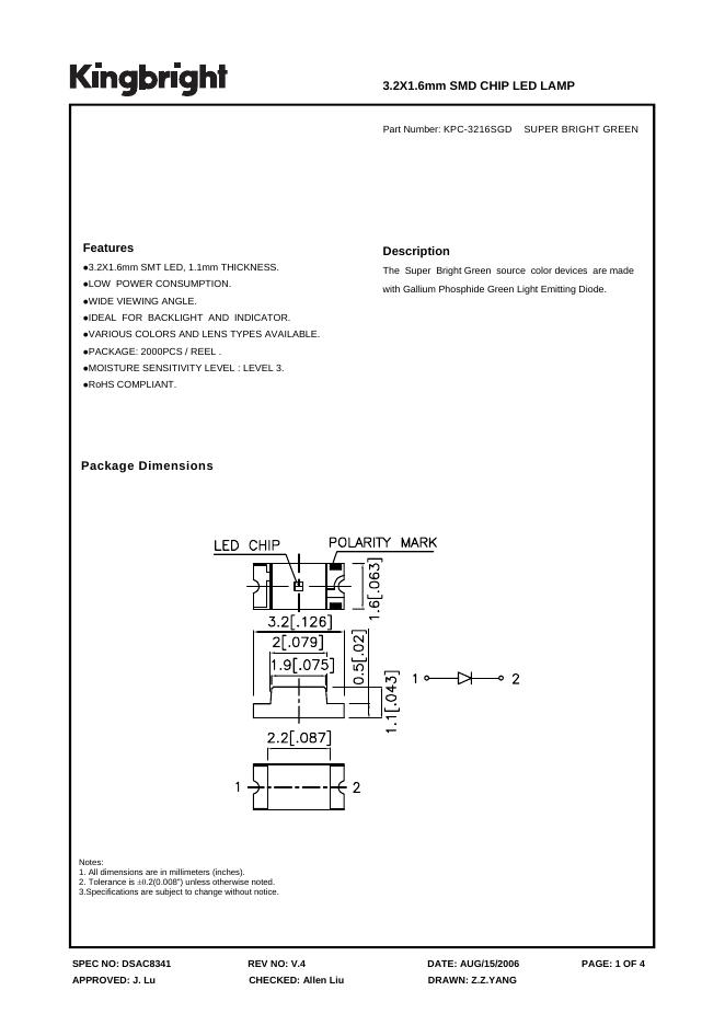 KINGBRIGHT-KPC-3216SGD SUPER BRIGHT GREEN 3.2X1.6mm SMD CHIP <em>LED</em> LAMP 说明书 海报