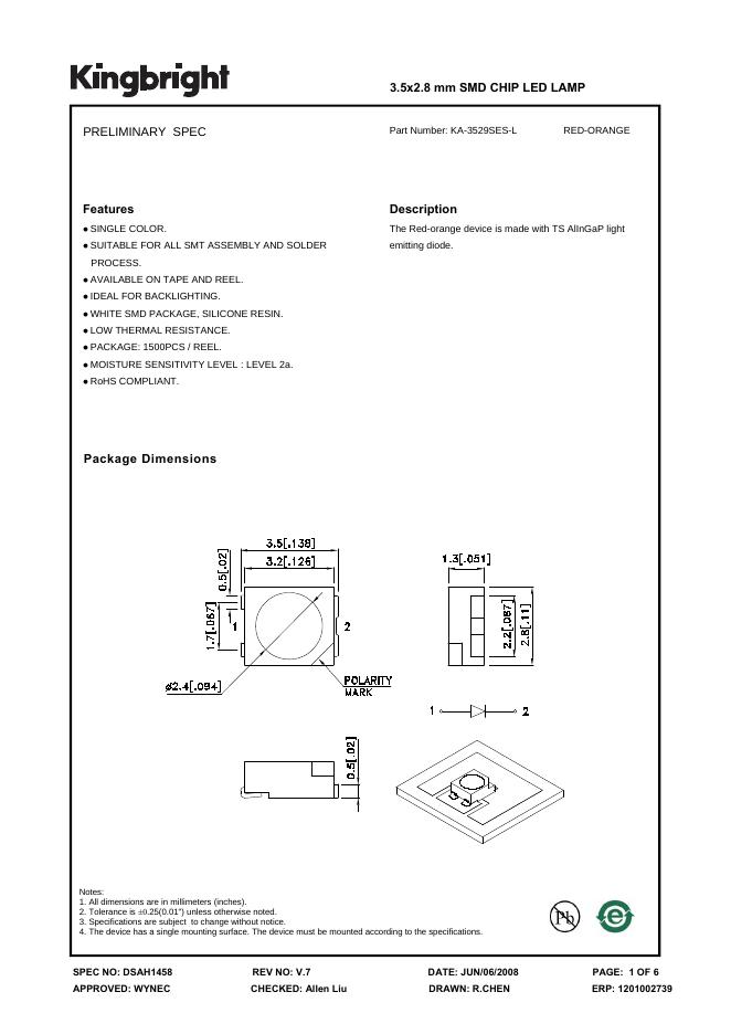 KINGBRIGHT-KA-3529SES-L RED-ORANGE 3.5x2.8 mm SMD CHIP <em>LED</em> LAMP 说明书 海报