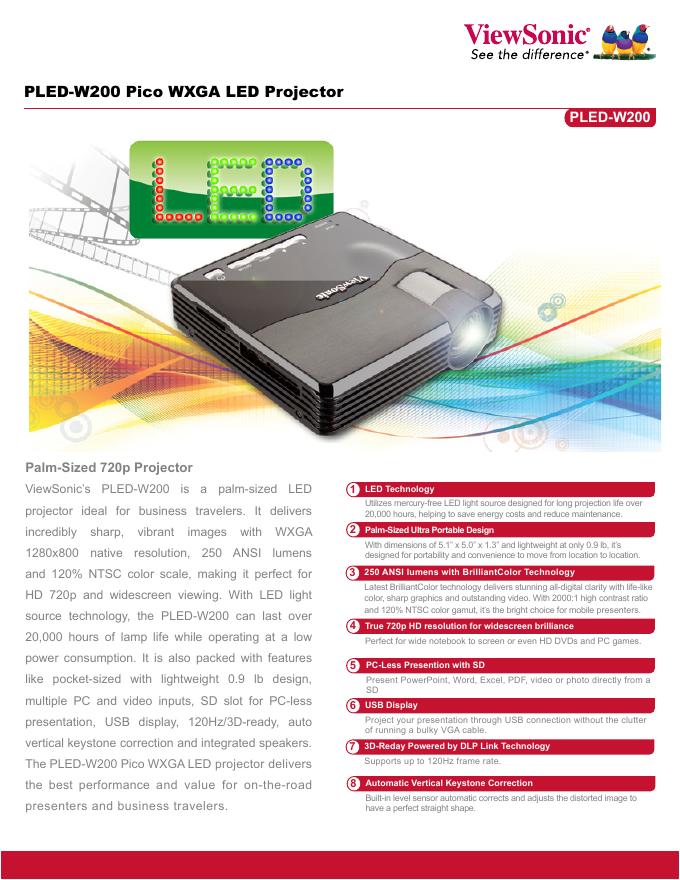 ViewSonic PLED-W200 Pico WXGA <em>LED</em> Projector 说明书 海报