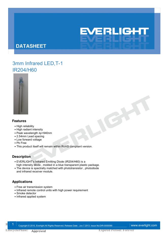 Everlight 3mm红外<em>LED</em>(IR204/H60)产品说明书 海报