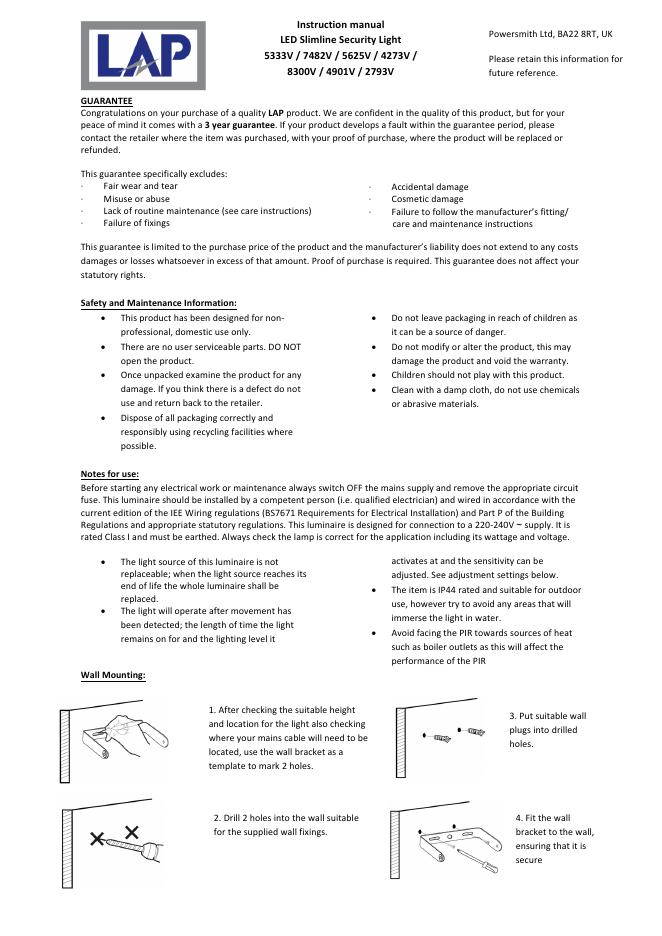 LAP <em>LED</em> Slimline Security Light 5333V/7482V/5625V/4273V/8 使用说明书 海报