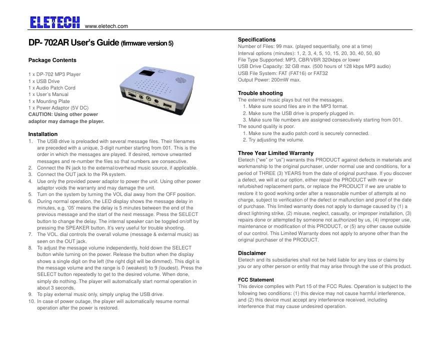 eletech DP-702<em>AR</em> 使用说明书 海报