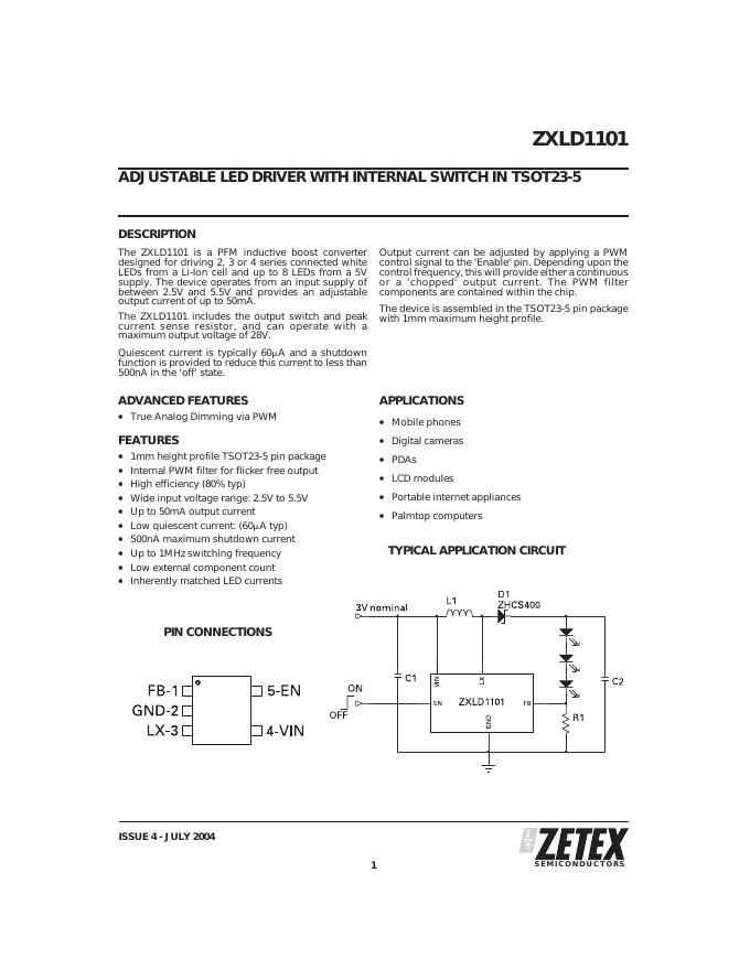 ZETEX ZXLD1101 ADJUSTABLE <em>LED</em> DRIVER WITH INTERNAL SWITCH IN TSOT23-5 数据手册 海报