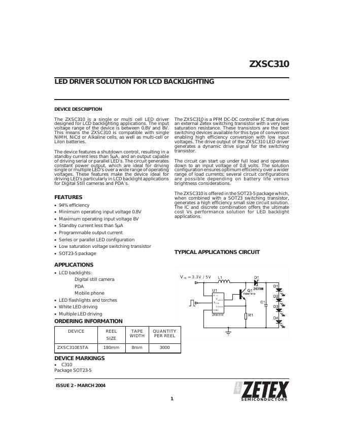 ZETEX ZXSC310 <em>LED</em> DRIVER SOLUTION FOR LCD BACKLIGHTING 数据手册 海报