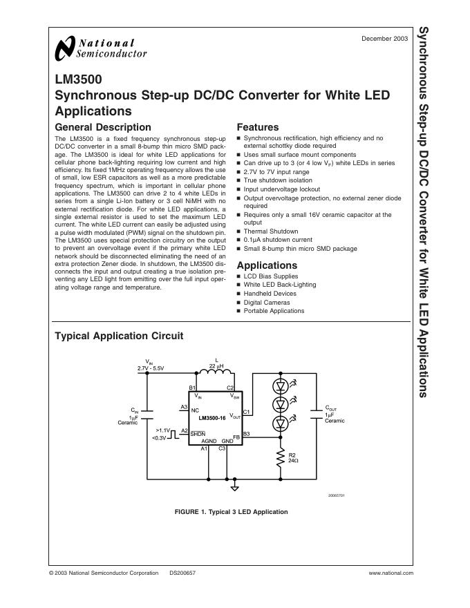 National Semiconductor LM3500 Synchronous Step-up DC/DC Converter for White <em>LED</em> Applications 数据手册 海报