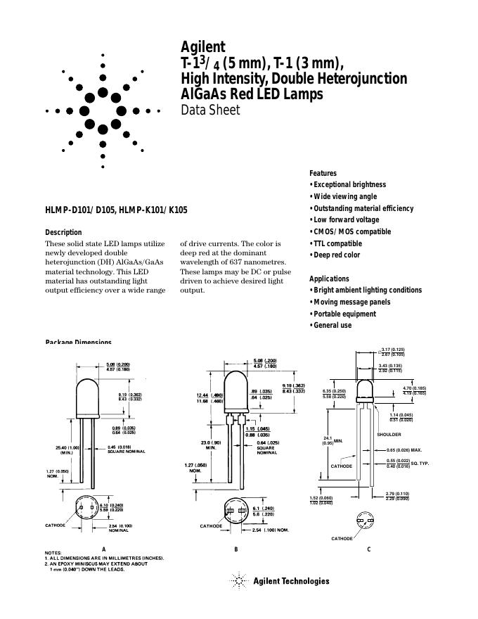 Agilent HLMP-D101/D105、HLMP-K101/K105 High Intensity,Double Heterojunction AlGaAs Red <em>LED</em> Lamps 数据手册 海报