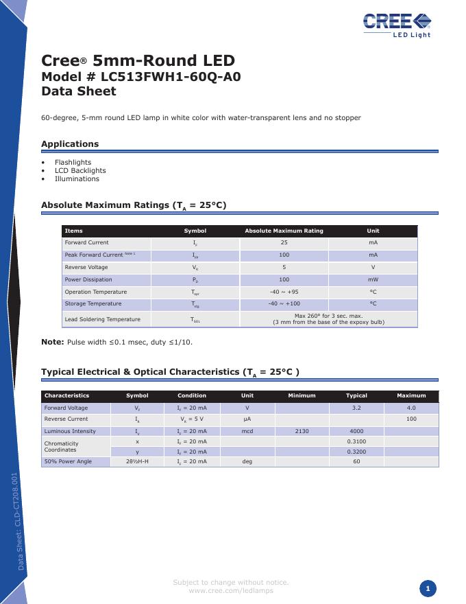 CREE LC513FWH1-60Q-A0 Cree 5mm-Round <em>LED</em> 数据手册 海报