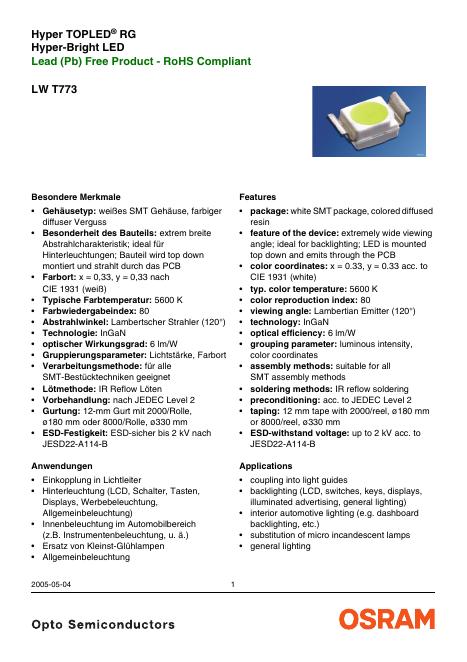 OSRAM SYLVANIA Hyper TOPLED RG Hyper-Bright <em>LED</em> Lead(Pb)Free Product-RoHS Compliant LW T773 数据手册 海报