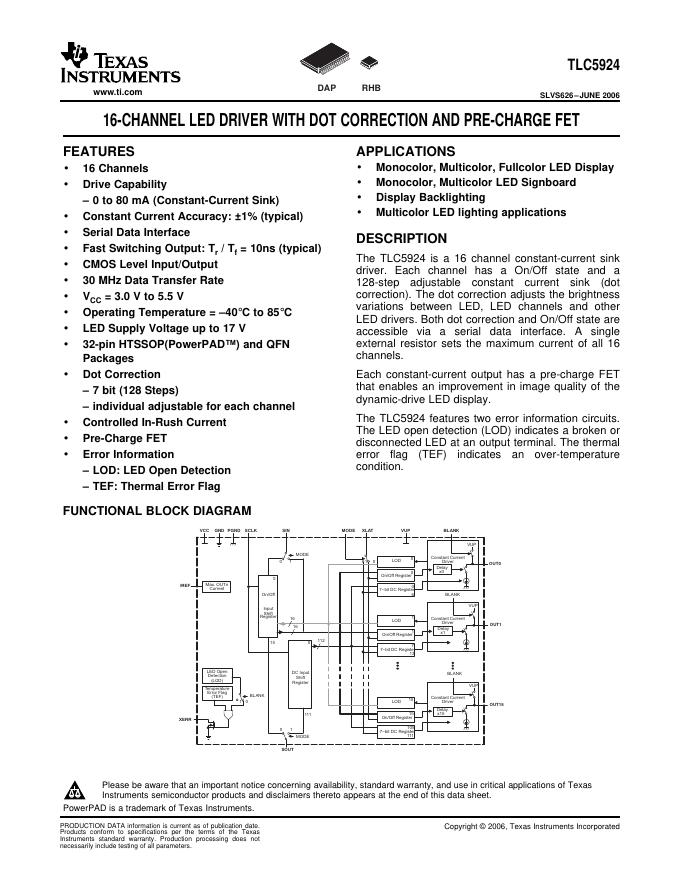 TEXAS INSTRUMENTS TLC5924 SLVS626–JUNE 2006 16-CHANNEL <em>LED</em> DRIVER WITH DOT CORRECTION AND PRE-CHARGE FET 数据手册 海报