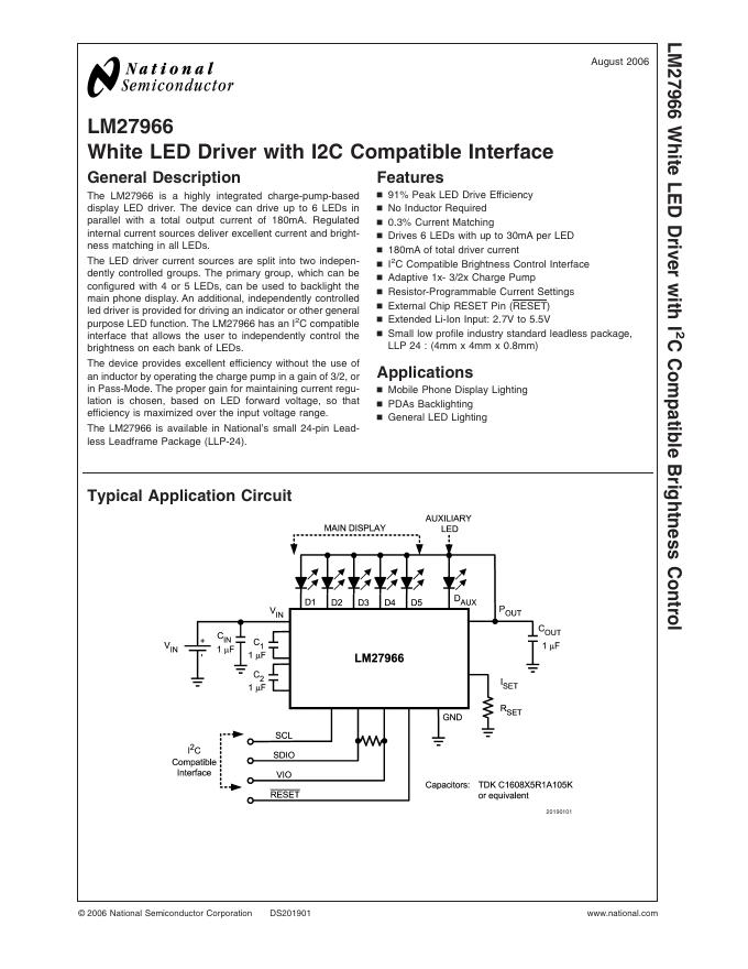 NATIONAL SEMICONDUCTOR LM27966 White <em>LED</em> Driver with I²C Compatible Brightness Control 数据手册 海报