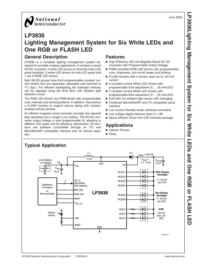 NATIONAL SEMICONDUCTOR LP3936 Lighting Management System for Six White LEDs and One RGB or FLASH <em>LED</em> 数据手册 海报