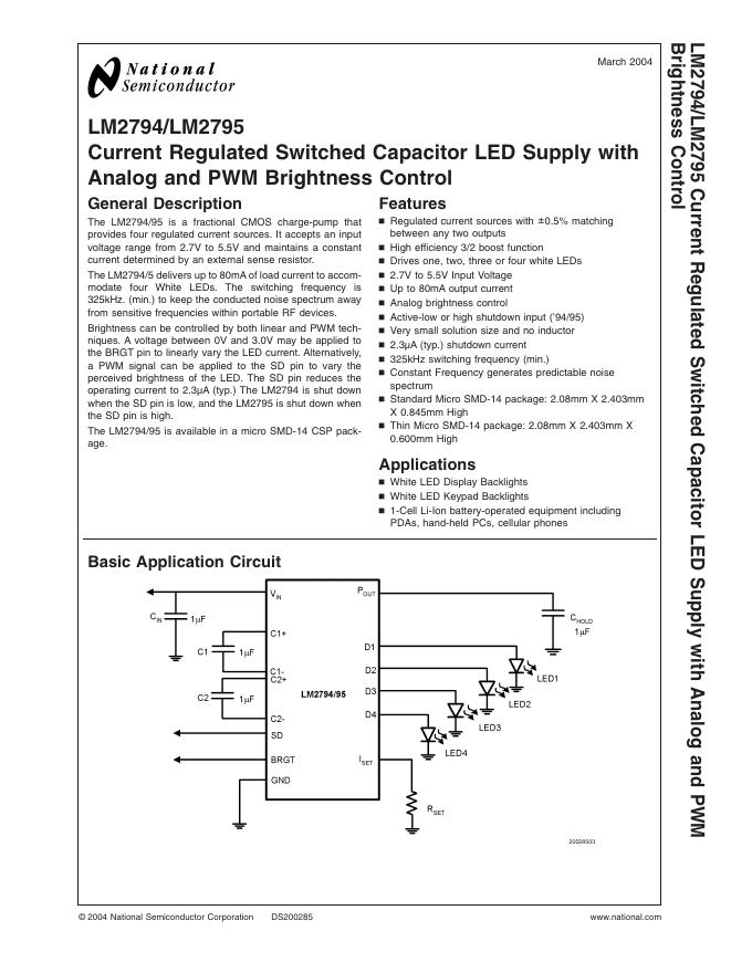 NATIONAL SEMICONDUCTOR-LM2794/LM2795 Current Regulated Switched Capacitor <em>LED</em> Supply with Analog and PWM Brightness Control 数据手册 海报