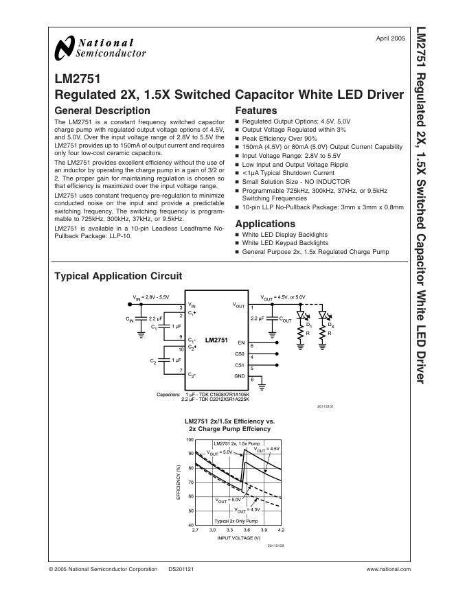 NATIONAL SEMICONDUCTOR-LM2751 Regulated 2X,1.5X Switched Capacitor White <em>LED</em> Driver 数据手册 海报