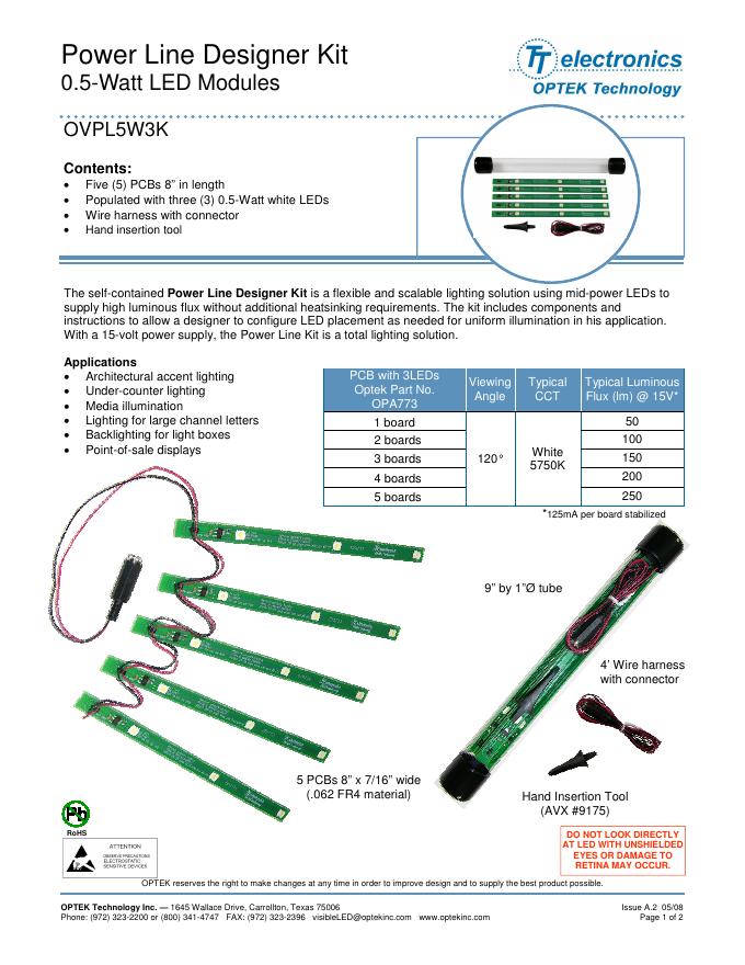 OPTEK Power Line Designer Kit 0.5-Watt <em>LED</em> Modules OVPL5W3K 使用手册 海报