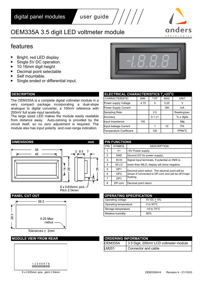 anders OEM335A 3.5 digit <em>LED</em> voltmeter module 数据手册 海报