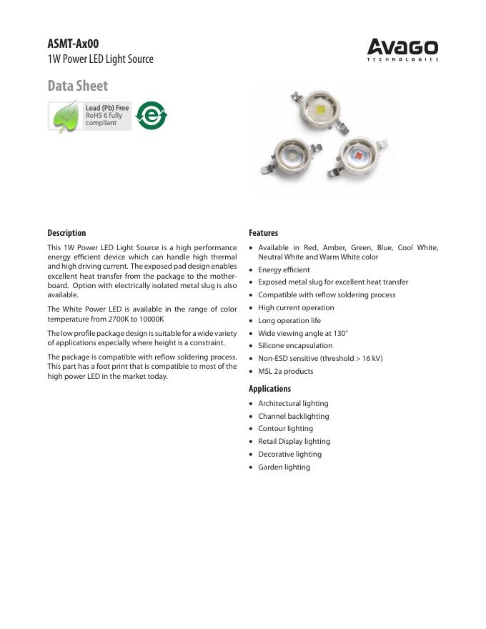 AVAGO TECHNOLOGIES ASMT-Ax00 1W Power <em>LED</em> Light Source 数据手册 海报