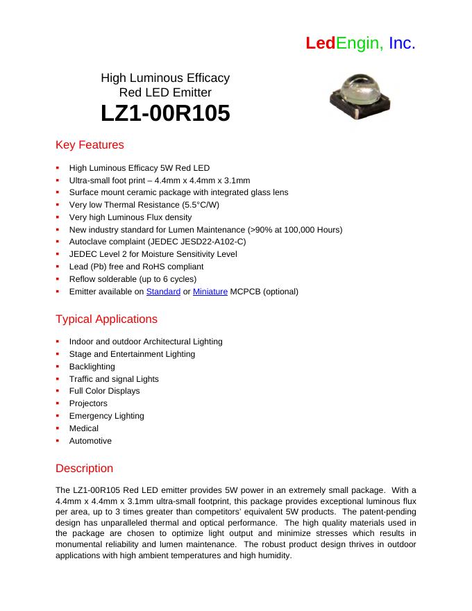 LEDENGIN High Luminous Efficacy Red <em>LED</em> Emitter LZ1-00R105 数据手册 海报