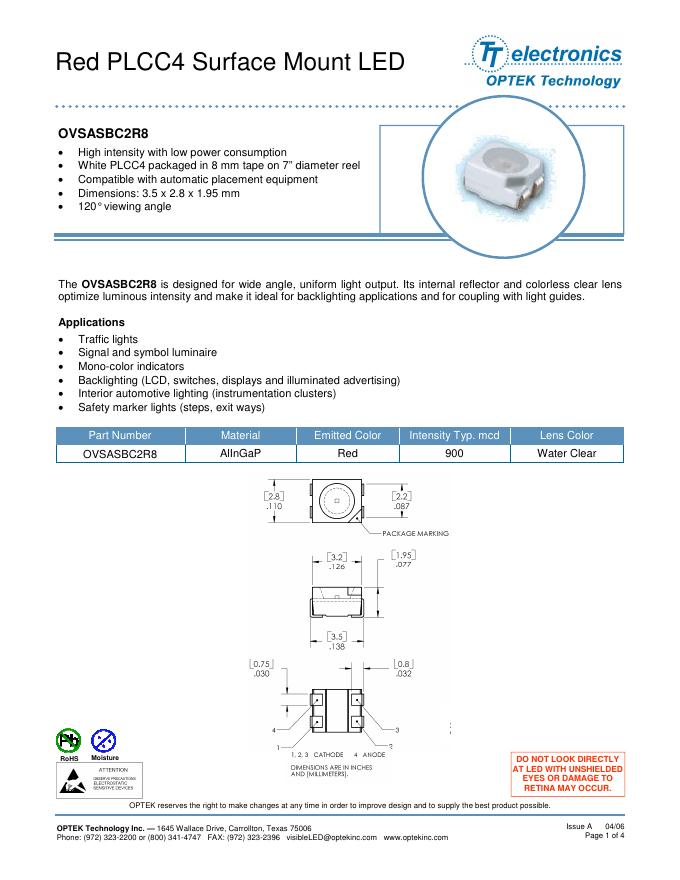 OPTEK Red PLCC4 Surface Mount <em>LED</em> 数据手册 海报