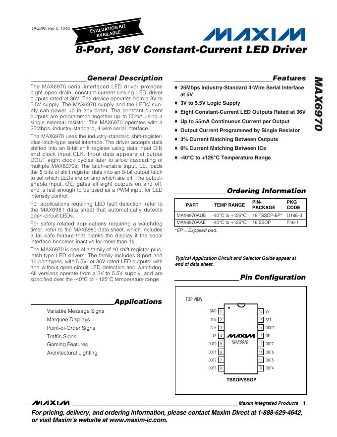 MAXIM MAX6970 8-Port,36V Constant-Current <em>LED</em> Driver 数据手册 海报