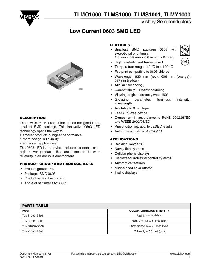 VISHAY-TLMO1000,TLMS1000,TLMS1001,TLMY1000 Low Current 0603 SMD <em>LED</em> 数据手册 海报