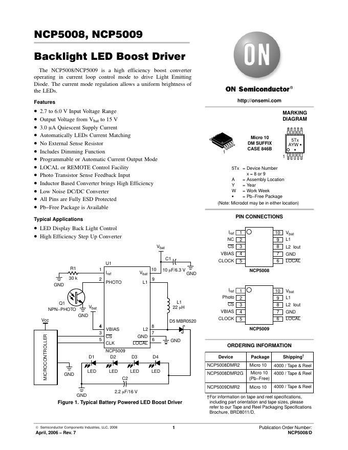 ON SEMICONDUCTOR-NCP5008,NCP5009 Backlight <em>LED</em> Boost Driver 数据手册 海报