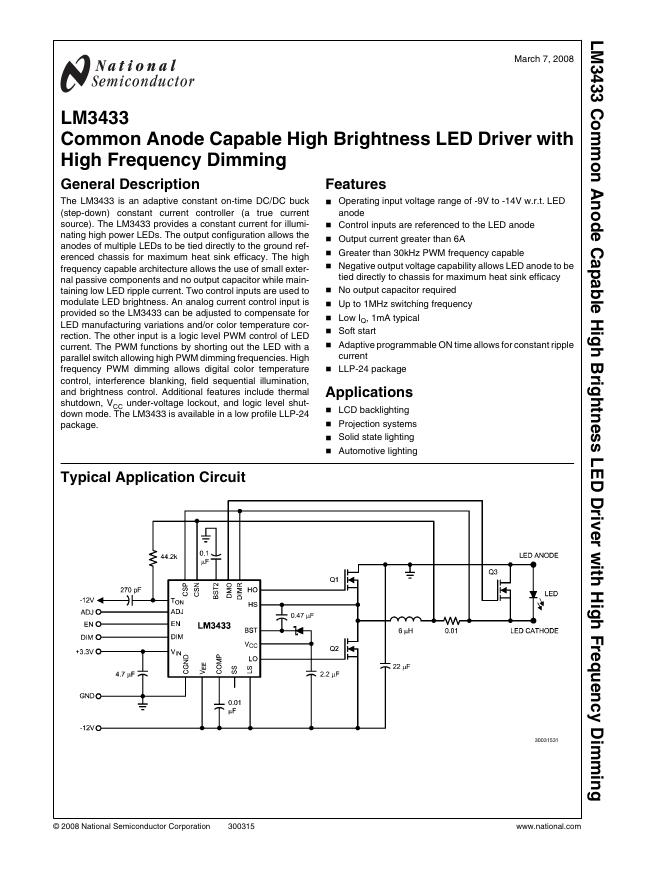 NATIONAL SEMICONDUCTOR LM3433 Common Anode Capable High Brightness <em>LED</em> Driver with High Frequency Dimming 数据手册 海报