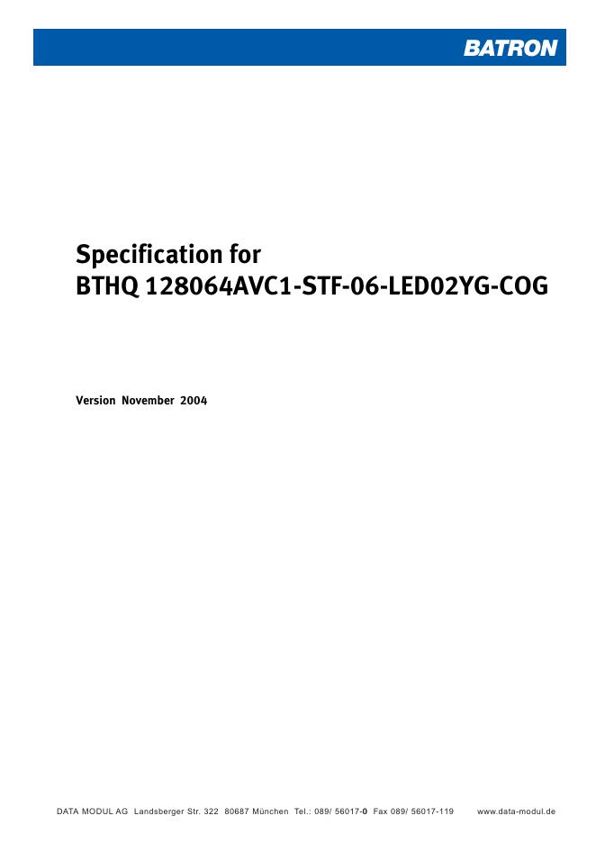 BATRON Specification for Version November 2004 BTHQ 128064AVC1-STF-06-<em>LED</em>02YG-COG 数据手册 海报