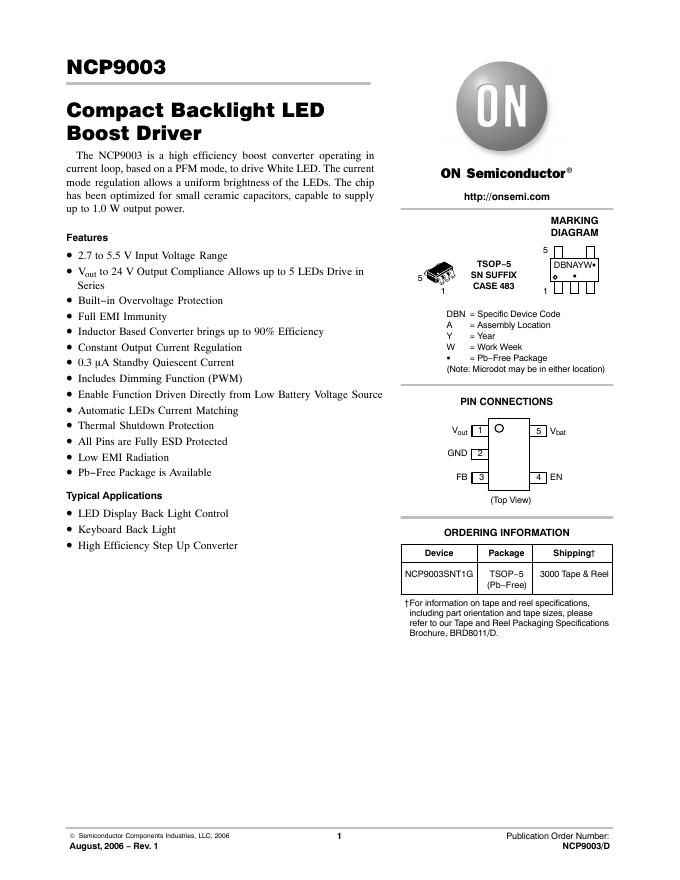 ON SEMICONDUCTOR NCP9003 Compact Backlight <em>LED</em> Boost Driver 数据手册 海报