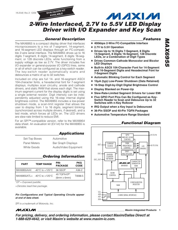 MAXIM MAX6955 2-Wire Interfaced,2.7V to 5.5V <em>LED</em> Display Driver with I/O Expander and Key Scan 数据手册 海报