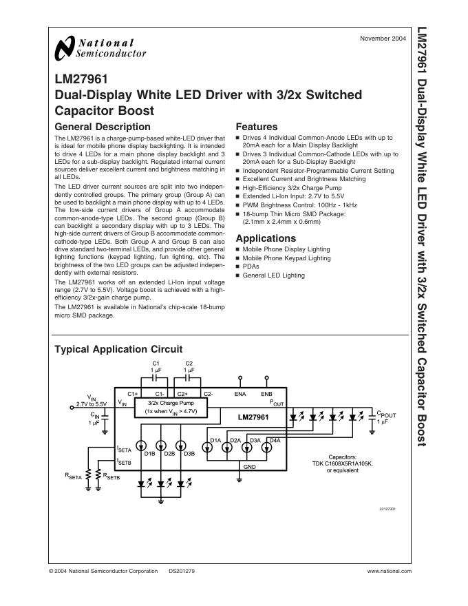 National Semiconductor LM27961 Dual-Display White <em>LED</em> Driver with 3/2x Switched Capacitor Boost 数据手册 海报