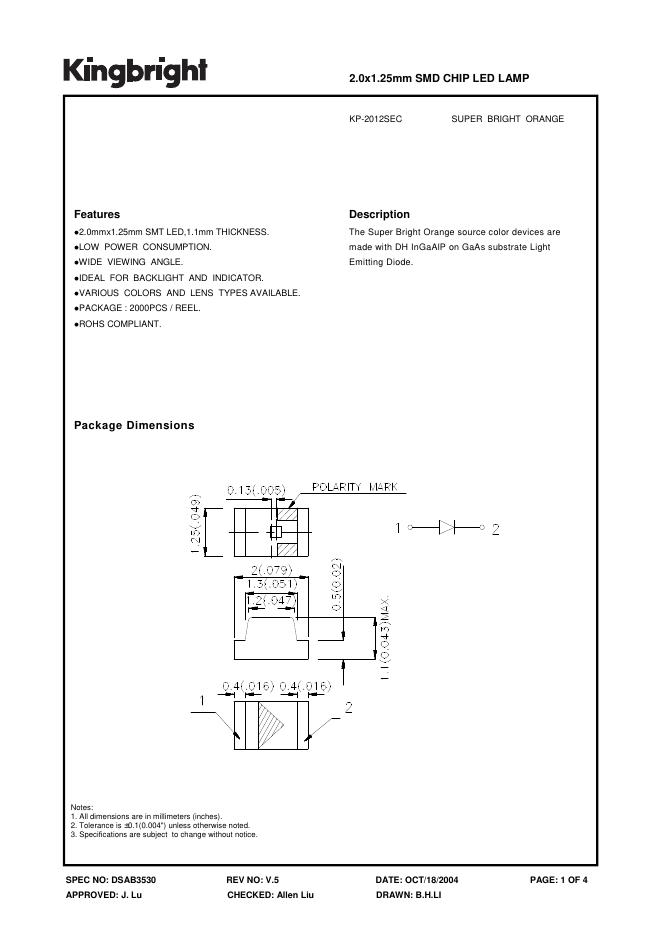 KINGBRIGHT-SPEC NO:DSAB3530 REV NO:V.5 2.0x1.25mm SMD CHIP <em>LED</em> LAMP 数据手册 海报