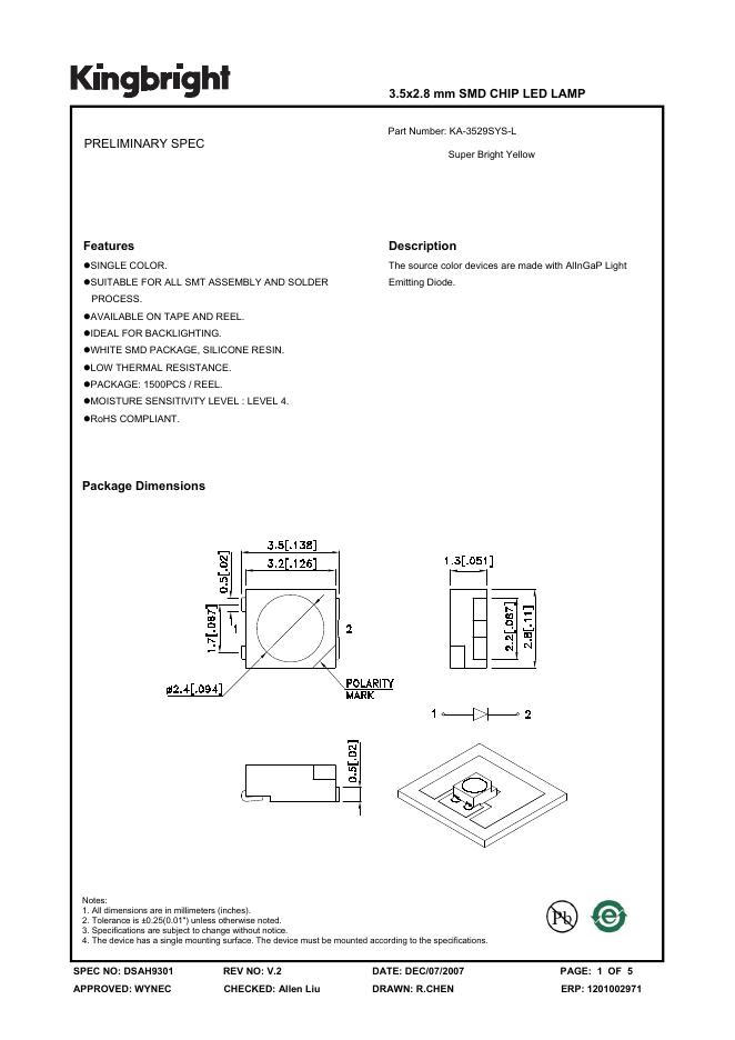 KINGBRIGHT-SPEC NO:DSAH9301 3.5x2.8 mm SMD CHIP <em>LED</em> LAMP 数据手册 海报