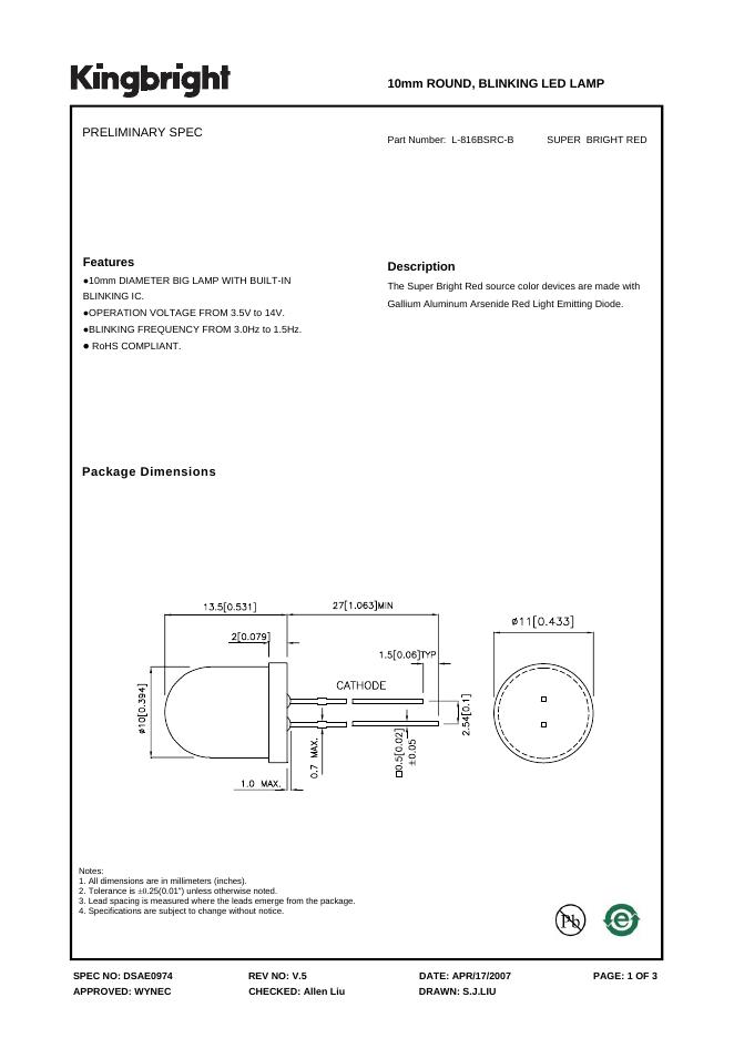 KINGBRIGHT-SPEC NO:DSAE0974 10mm ROUND,BLINKING <em>LED</em> LAMP 数据手册 海报
