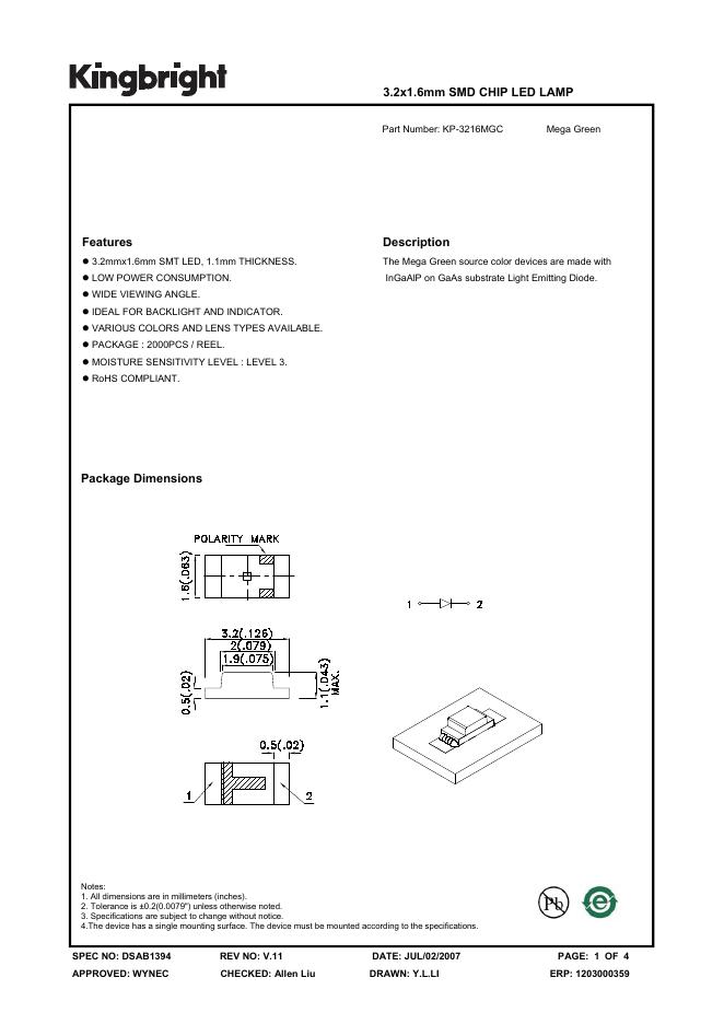 KINGBRIGHT-SPEC NO:DSAB1394 3.2x1.6mm SMD CHIP <em>LED</em> LAMP 数据手册 REV NO:V.11 DATE:JUL/02/2007 海报
