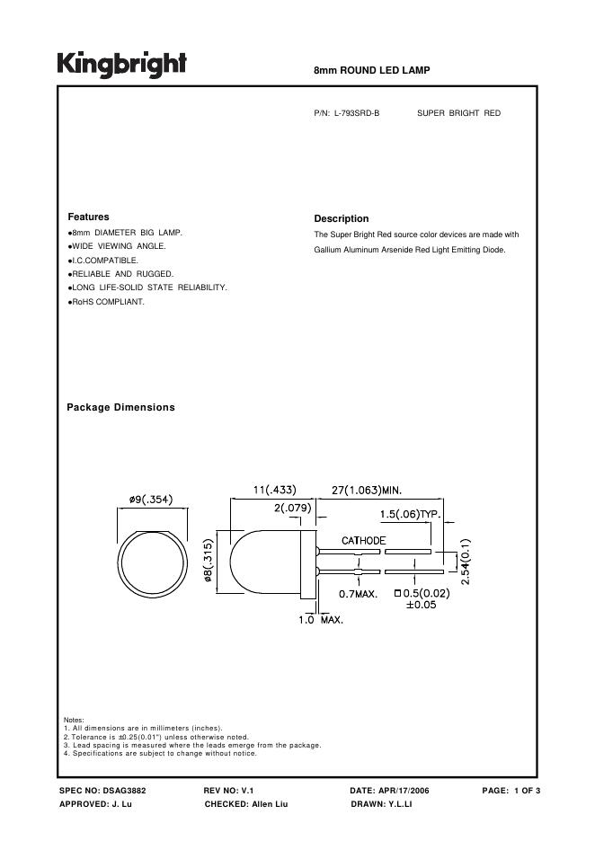 KINGBRIGHT-SPEC NO:DSAG3882 REV NO:V.1 8mm ROUND <em>LED</em> LAMP 数据手册 海报