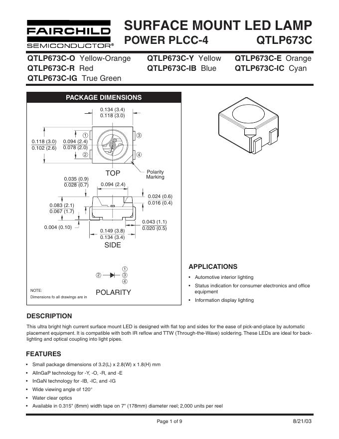 FAIRCHILD SURFACE MOUNT <em>LED</em> LAMP POWER PLCC-4 QTLP673C 数据手册 海报