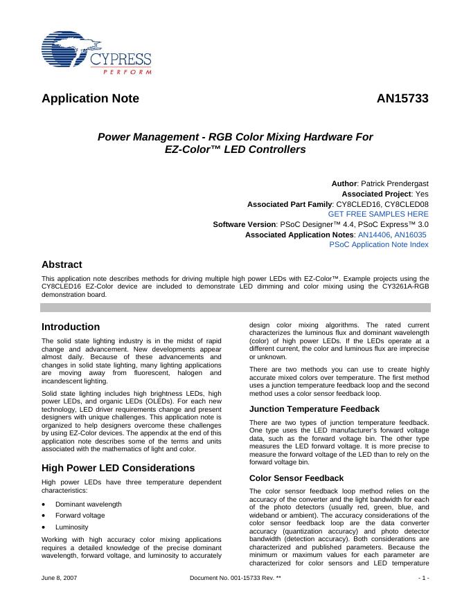 CYPRESS SEMICONDUCTOR AN15733 Power Management-RGB Color Mixing Hardware For EZ-Color <em>LED</em> Controllers 数据手册 海报
