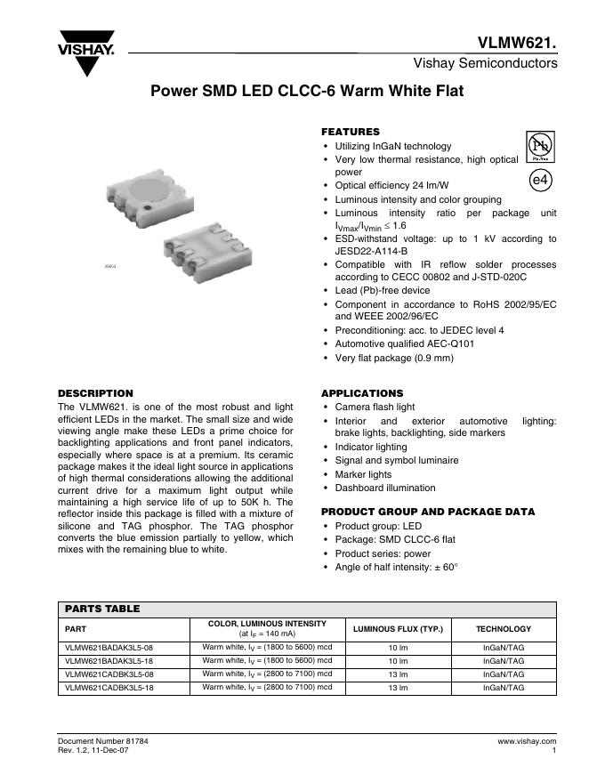 VISHAY VLMW621.Power SMD <em>LED</em> CLCC-6 Warm White Flat 数据手册 海报