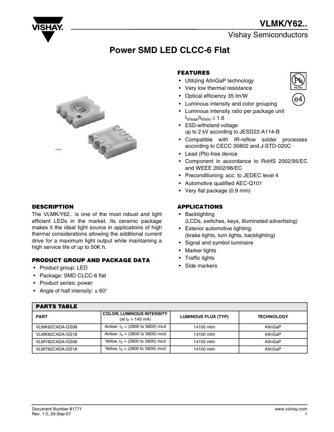 VISHAY-Vishay Semiconductors VLMK/Y62.Power SMD <em>LED</em> CLCC-6 Flat 使用手册(1)(1) 海报