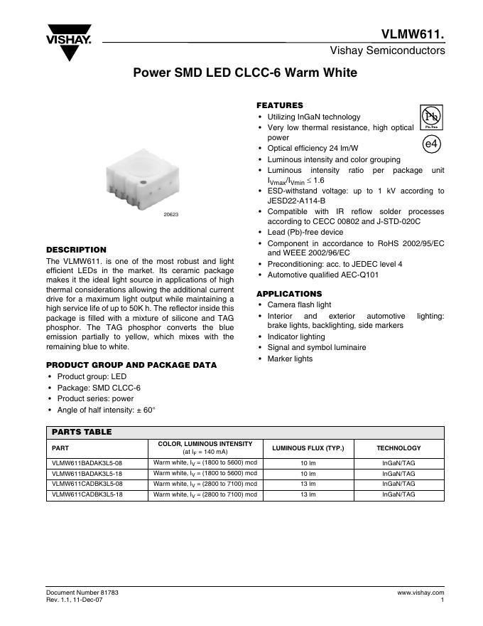VISHAY VLMW611.Vishay Semiconductors Power SMD <em>LED</em> CLCC-6 Warm White 数据手册 海报