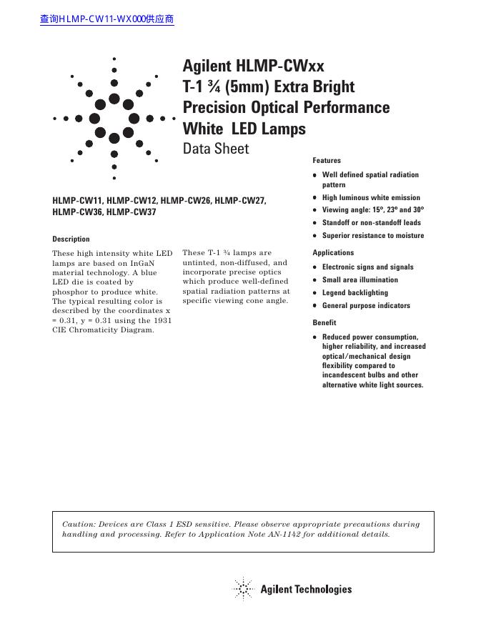 Agilent HLMP-CWxx T-1 ¾(5mm)Extra Bright Precision Optical Performance White <em>LED</em> Lamps 数据手册 海报