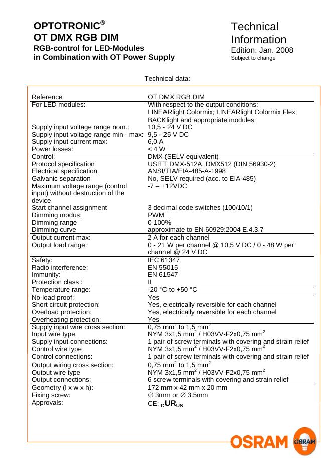 OSRAM SYLVANIA OPTOTRONIC OT DMX RGB DIM RGB-control for <em>LED</em>-Modules in Combination with OT Power Supply 数据手册 海报