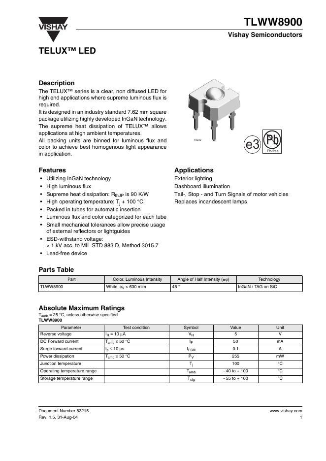 VISHAY TLWW8900 TELUX <em>LED</em> 数据手册 海报