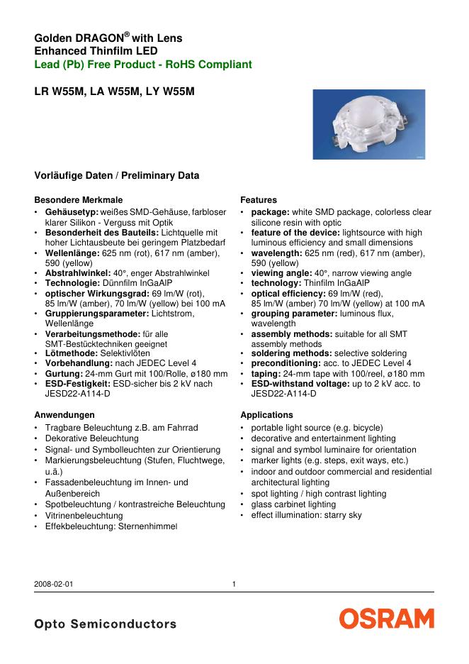 OSRAM SYLVANIA Golden DRAGON with Lens Enhanced Thinfilm <em>LED</em> Lead(Pb)Free Product-RoHS Compliant LR W55M,LA W55M,LY W55M 数据手册 海报