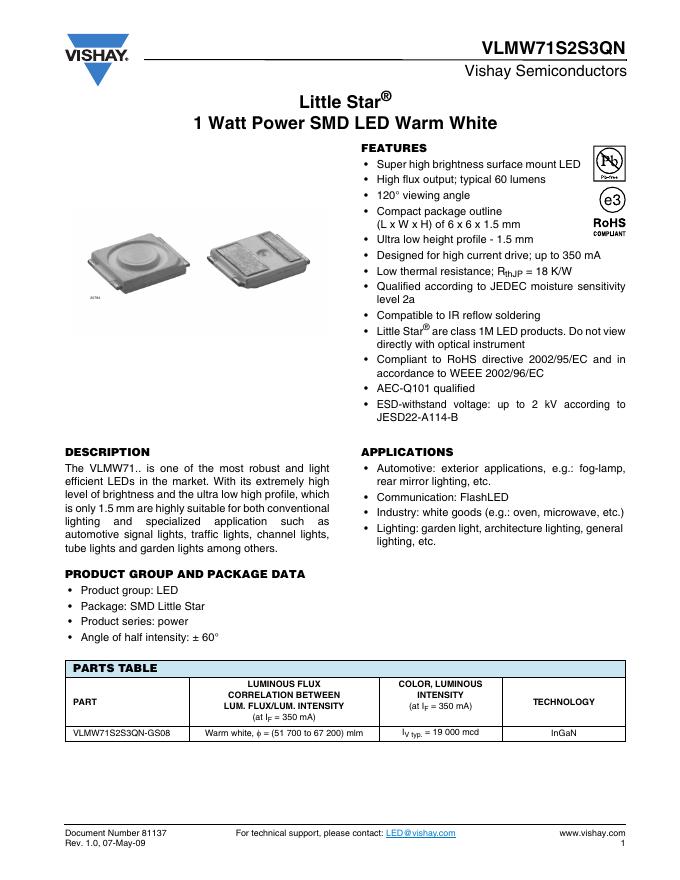VISHAY VLMW71S2S3QN Little Star 1 Watt Power SMD <em>LED</em> Warm White 数据手册 海报