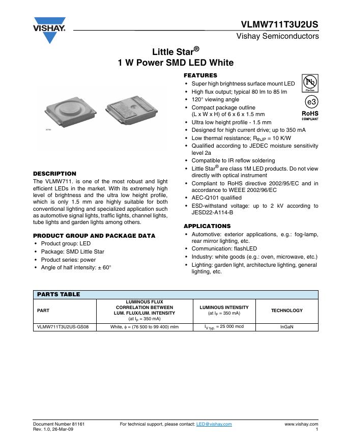 VISHAY-VLMW711T3U2US Little Star 1 W Power SMD <em>LED</em> White 数据手册 海报
