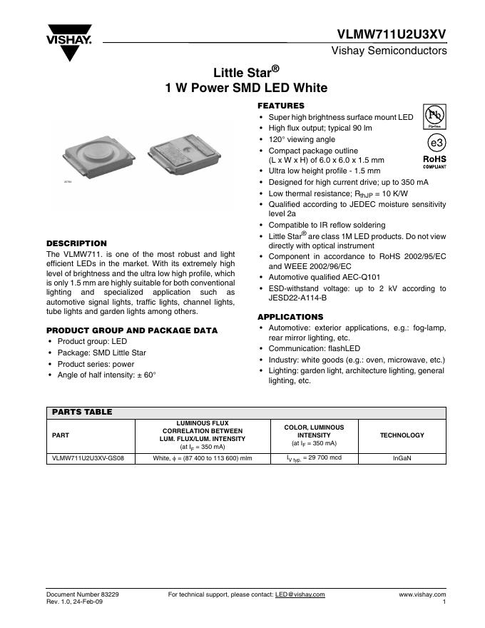 VISHAY VLMW711U2U3XV Little Star 1 W Power SMD <em>LED</em> White 数据手册 海报