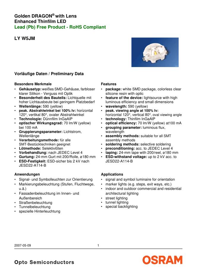 OSRAM SYLVANIA Golden DRAGON with Lens Enhanced Thinfilm <em>LED</em> Lead(Pb)Free Product-RoHS Compliant LY W5JM 数据手册 海报